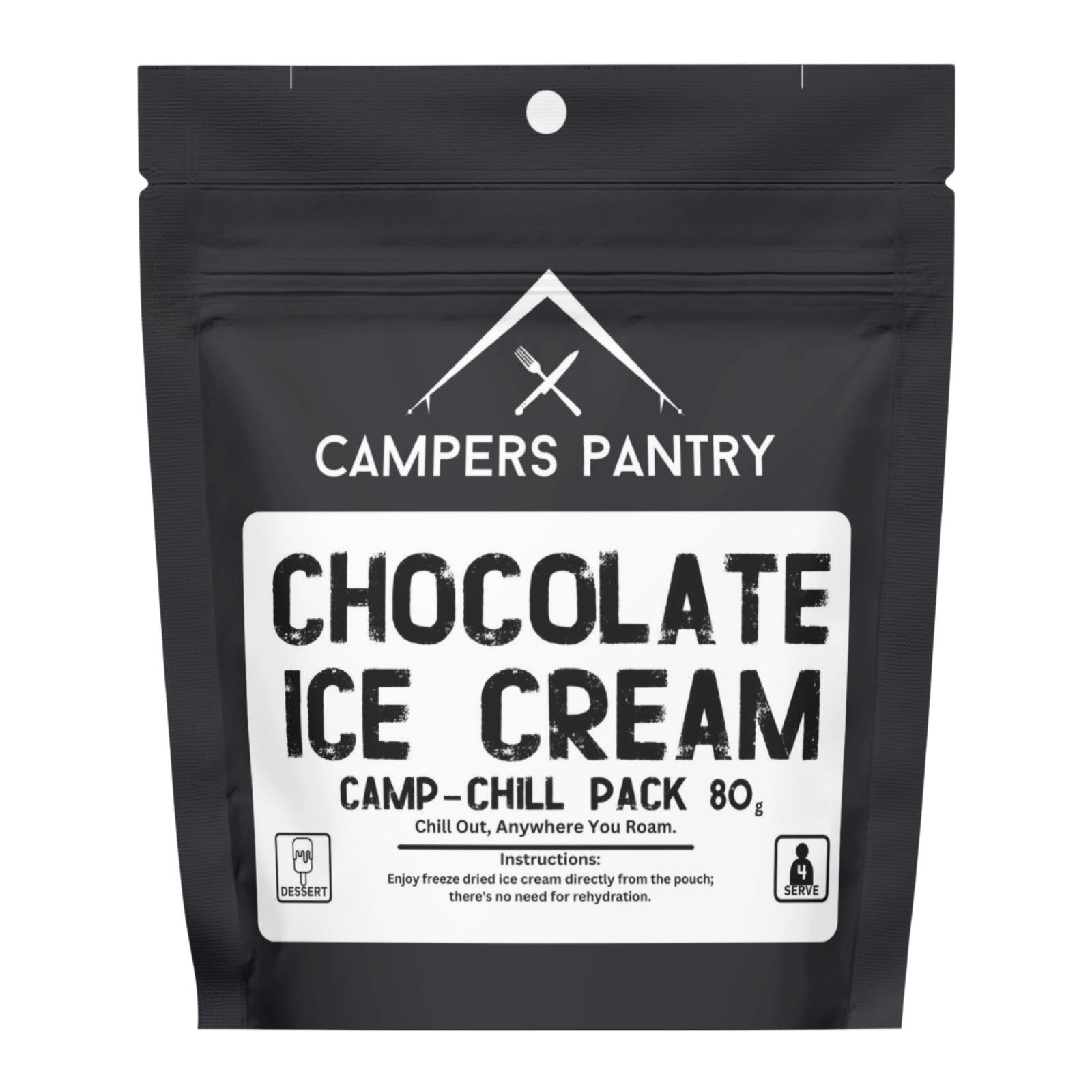 Black packaging of Campers Pantry  freeze dried Chocolate Ice Cream Camp-Chill Pack  lightweight hiking food