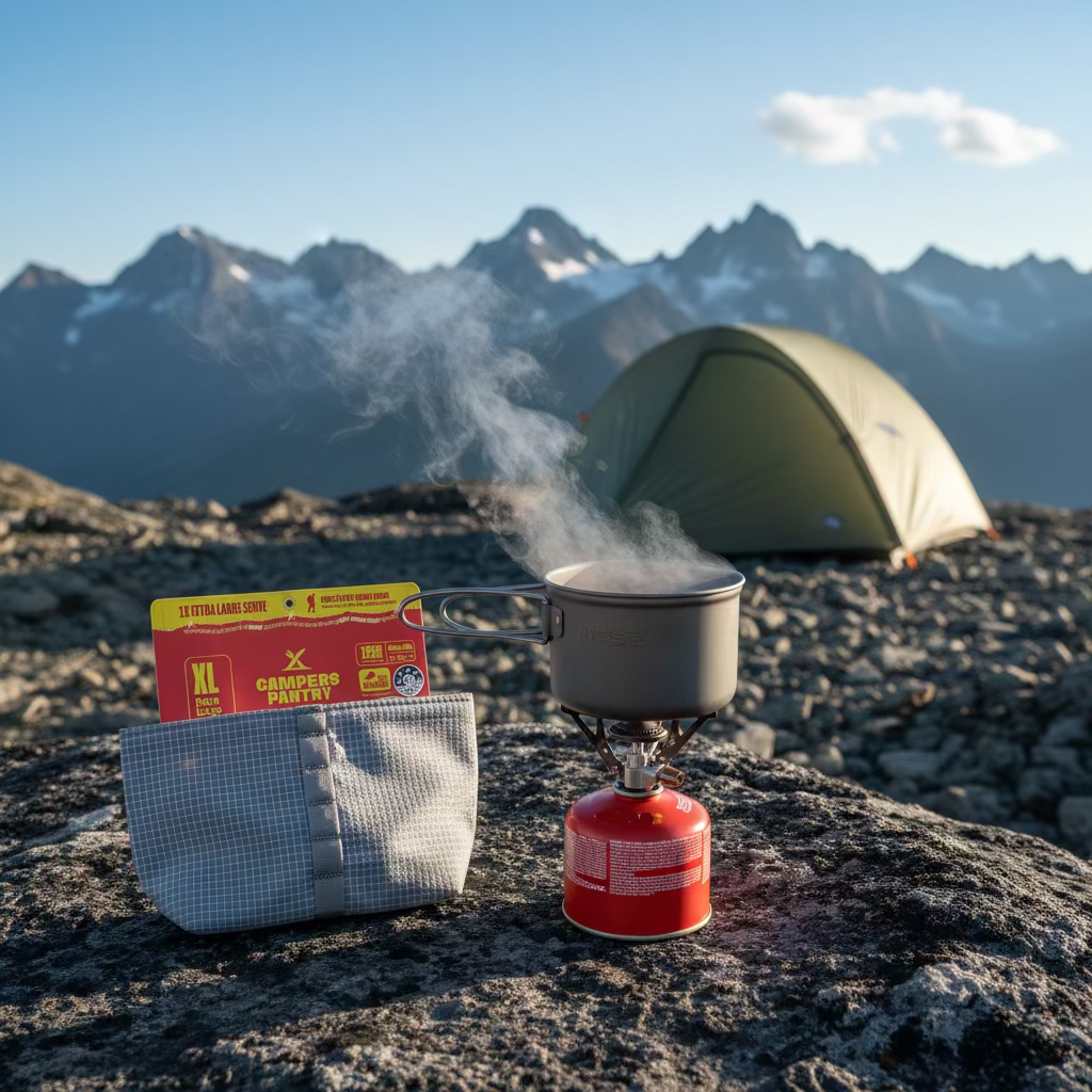 CAMPERS MEAL MATE Insulated Meal Pouch to carry your kitchen kit and keep your food hot. Camping setup with a tent, stove, and backpack in a mountainous landscape.