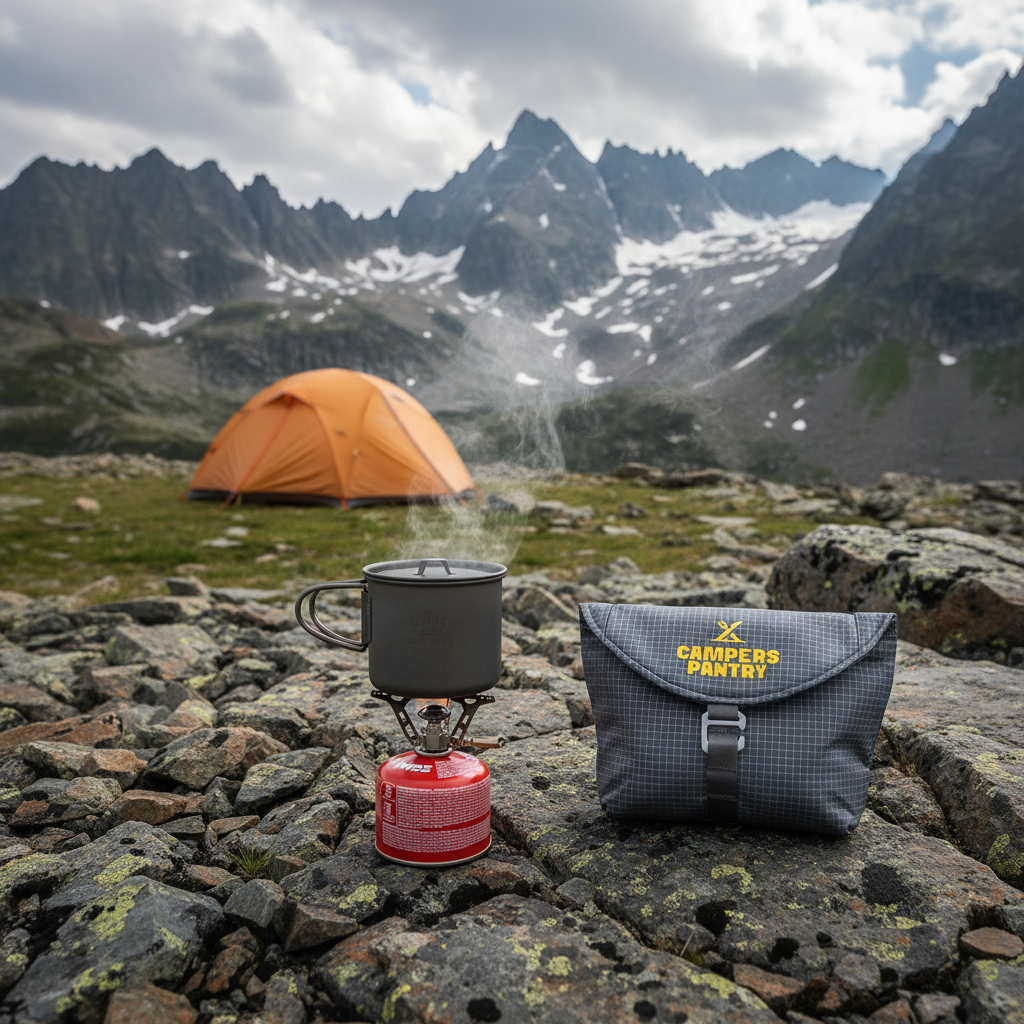 CAMPERS MEAL MATE Insulated Meal Pouch to carry your kitchen kit and keep your food hot. Camping setup with a tent, stove, and backpack in a mountainous landscape.