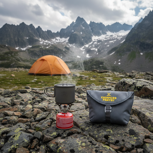 CAMPERS MEAL MATE Insulated Meal Pouch to carry your kitchen kit and keep your food hot. Camping setup with a tent, stove, and backpack in a mountainous landscape.