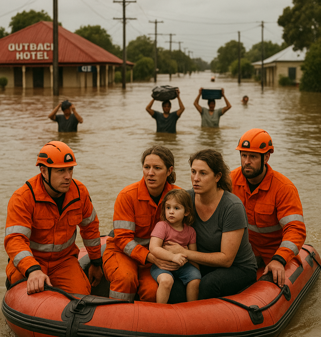Rescue team in an inflatable boat with a woman and child in a flooded area.