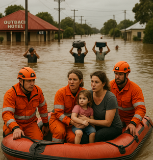Rescue team in an inflatable boat with a woman and child in a flooded area.