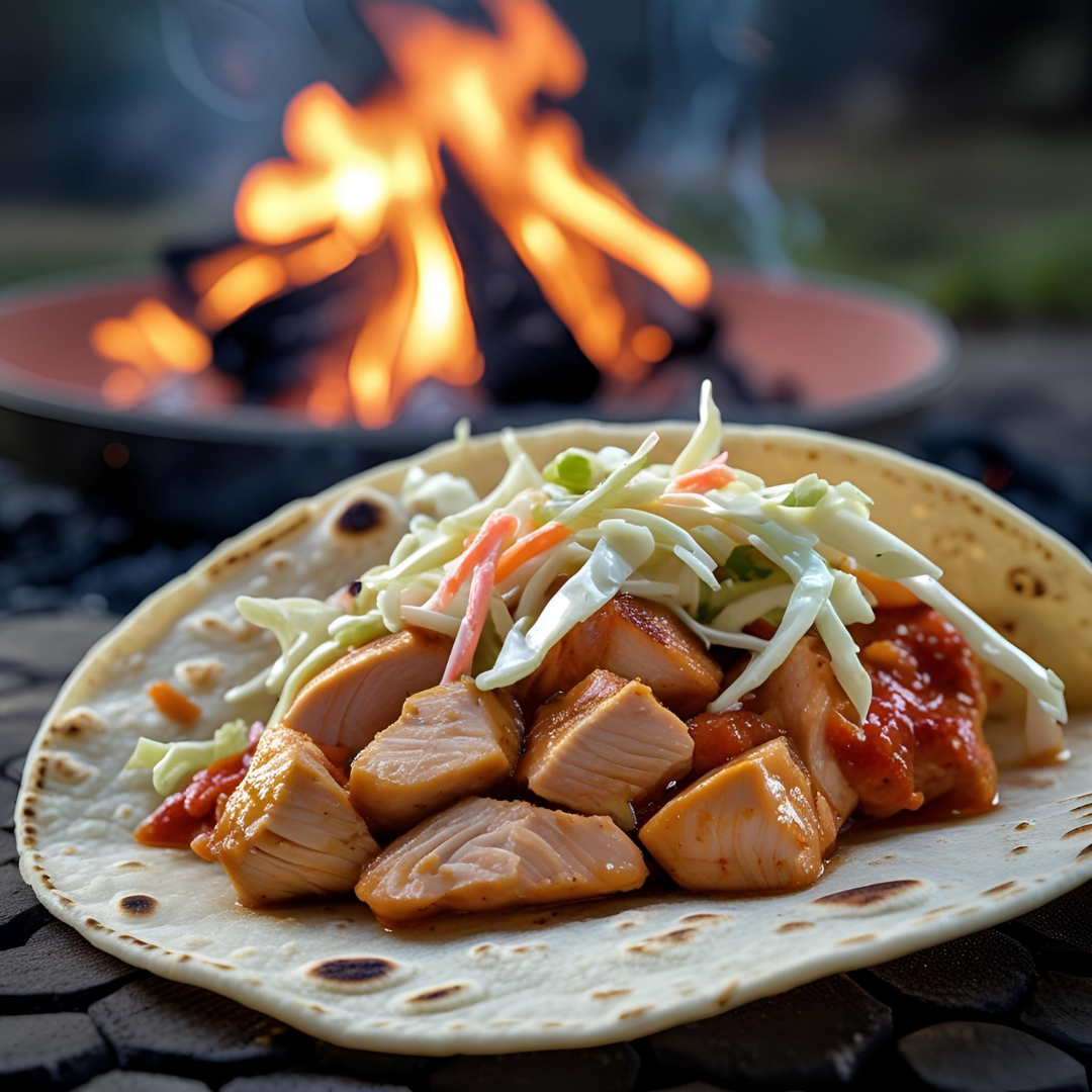 Taco with freeze dried slow cooked chicken breast chunks and coleslaw served in a soft taco in front of a campfire