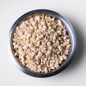 freeze dried chicken perfect for human consumption. freeze dried chicken can be used for hiking and camping trips and rehydrates in minutes.